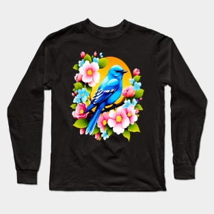 Cute Blue Bird Surrounded by Bold Vibrant Spring Flowers Long Sleeve T-Shirt